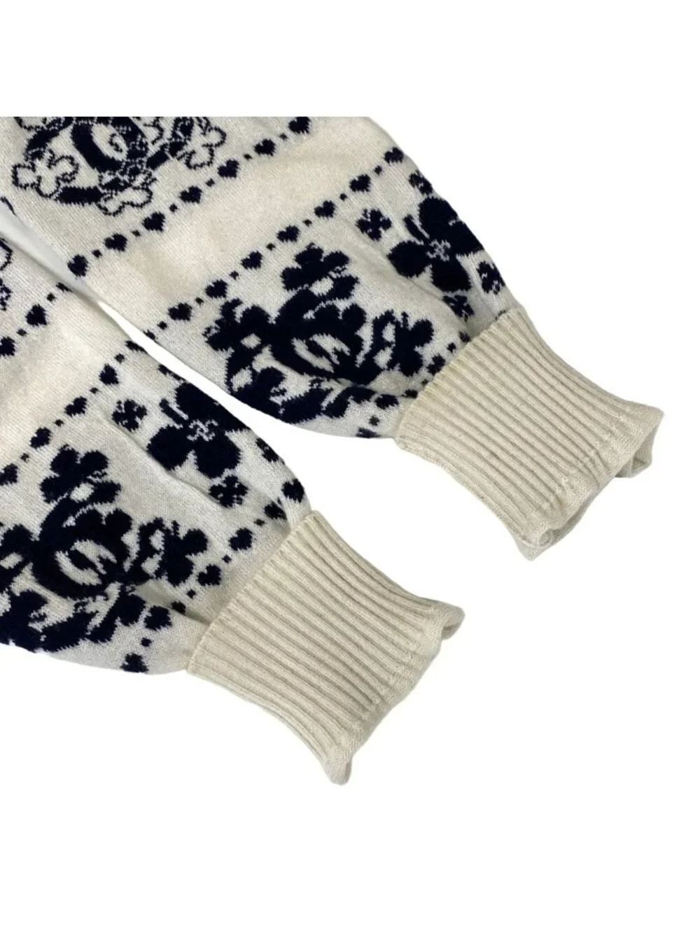 Chanel Long Sleeve Sweater 36 Ivory Dark Navy CC Logo Camellia Cashmere Cotton
